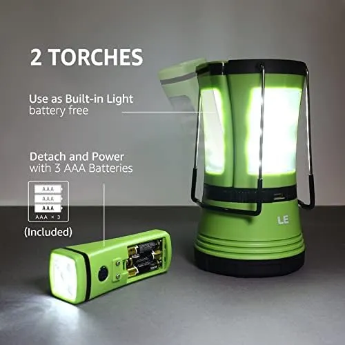 LE Lámpara de Cámping LED  600 lúmenes  con 2 Antorchas Desmontables  USB Recargable y Con Pilas  Farol Cámping Resistente al Ag