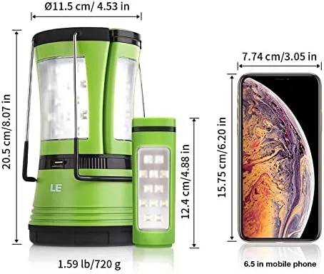 LE Lámpara de Cámping LED  600 lúmenes  con 2 Antorchas Desmontables  USB Recargable y Con Pilas  Farol Cámping Resistente al Ag