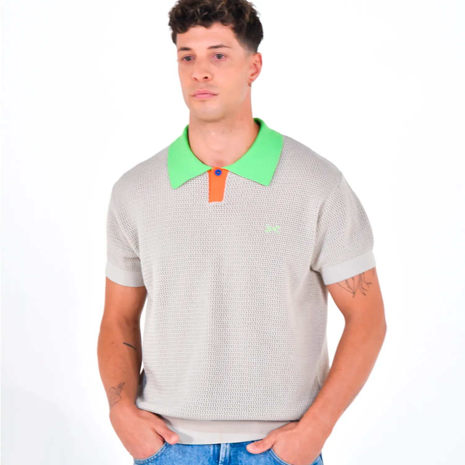 Men's Short Sleeve Mesh Polo w/ Button BEIGE