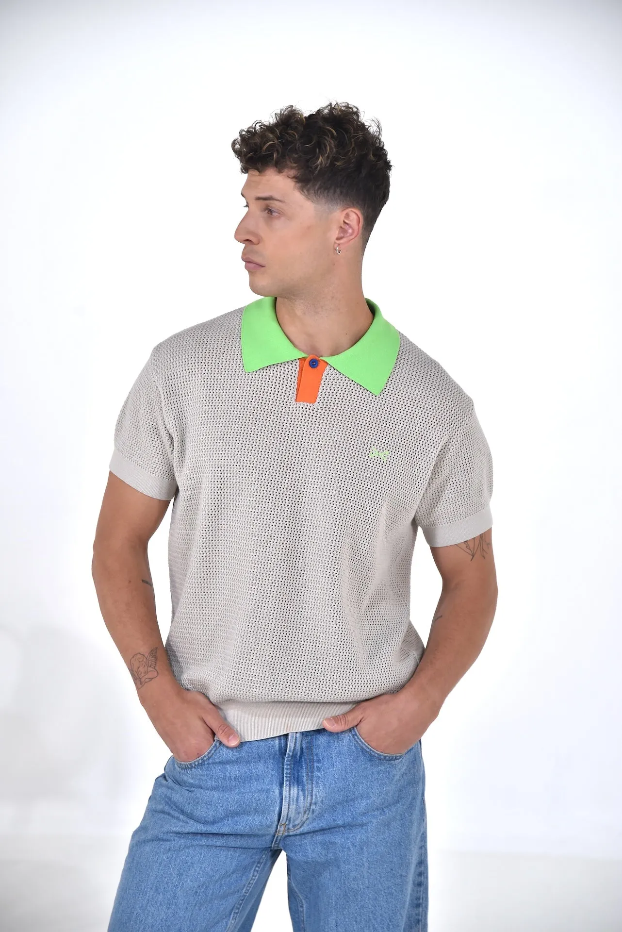 Men's Short Sleeve Mesh Polo w/ Button BEIGE