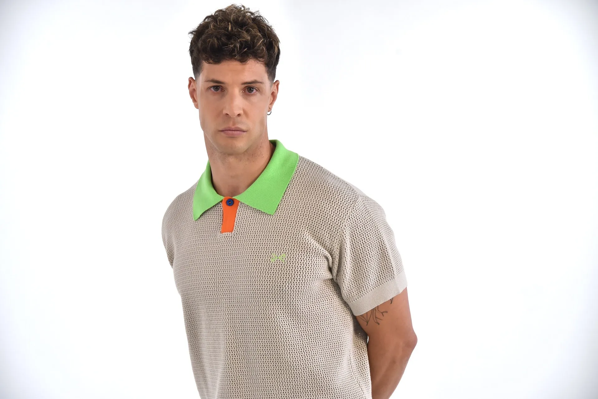 Men's Short Sleeve Mesh Polo w/ Button BEIGE