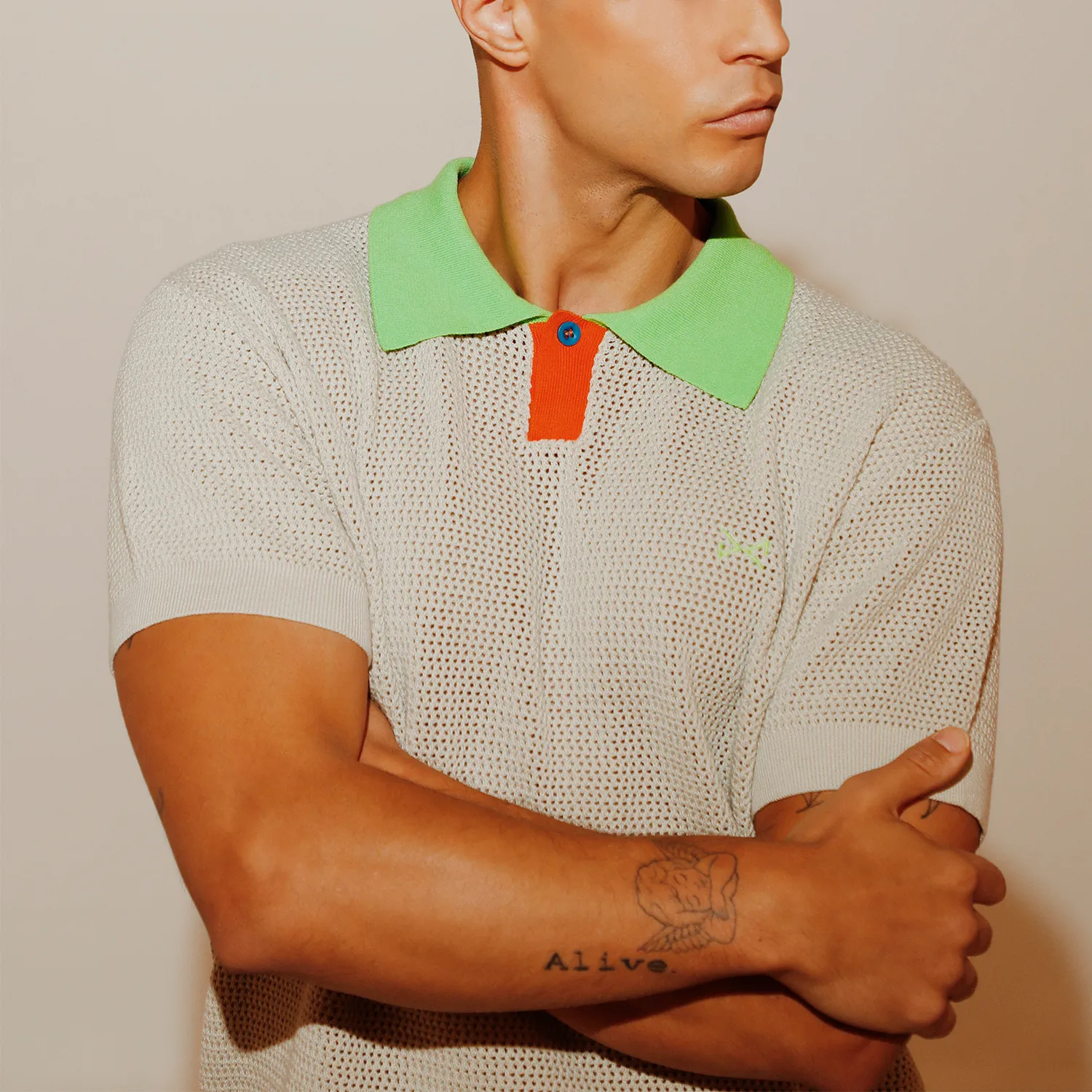 Men's Short Sleeve Mesh Polo w/ Button BEIGE