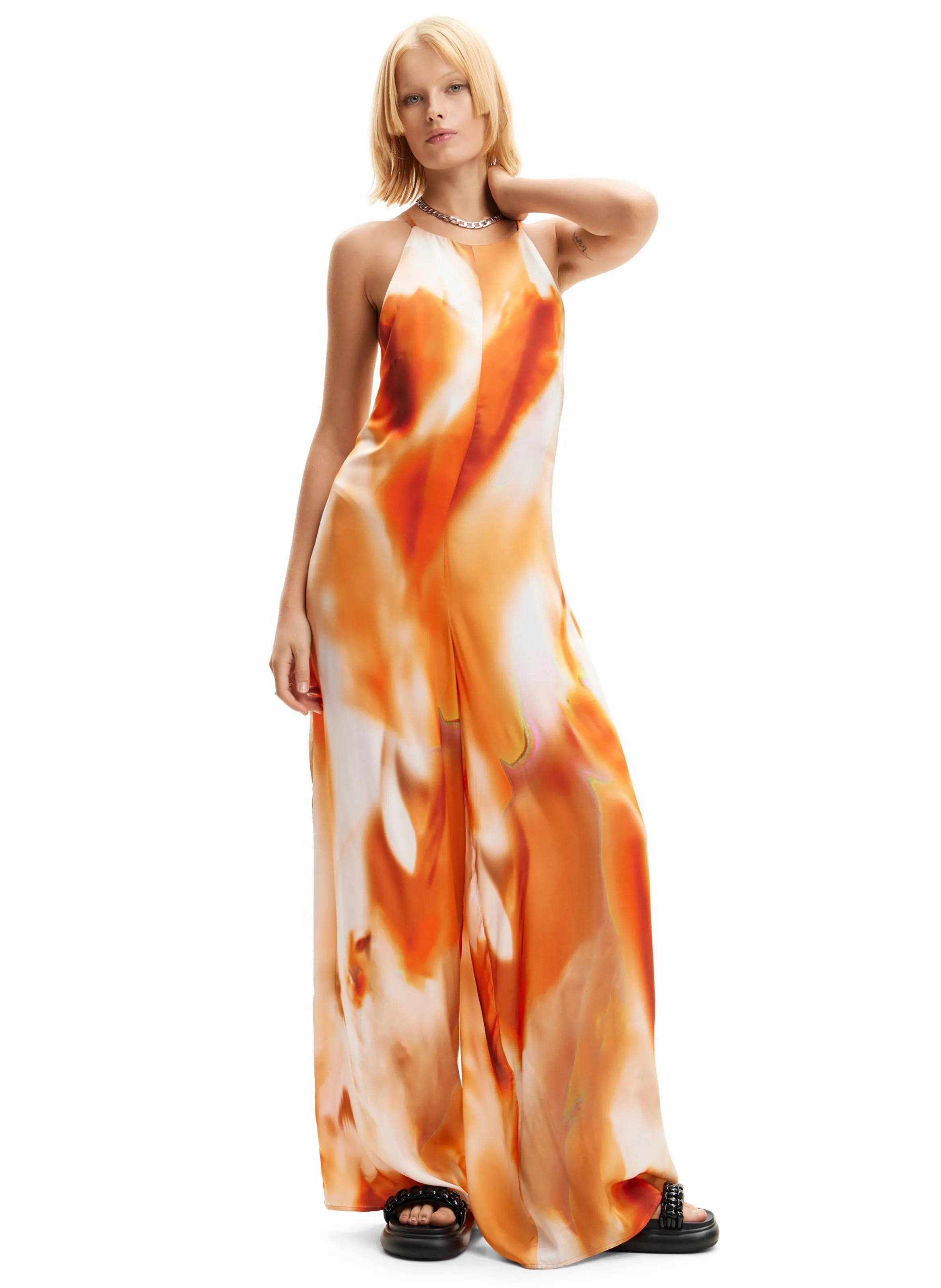 Mono estampado con espalda descubierta en naranja